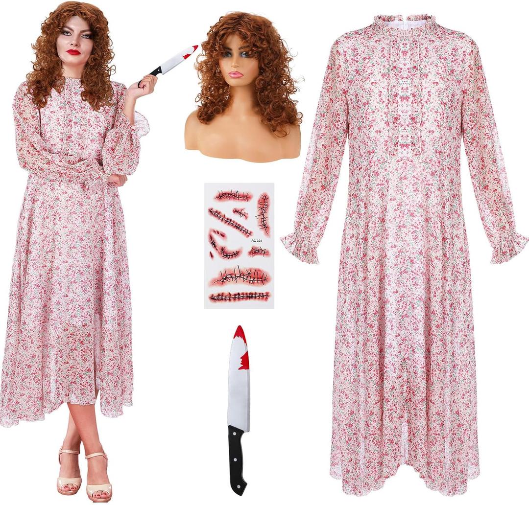 7 Pcs Halloween Women Scary Costume Set, Pink Floral Dress, Brown Wig, Bloody Knife, Horror Stickers Cosplay Outfit (L)