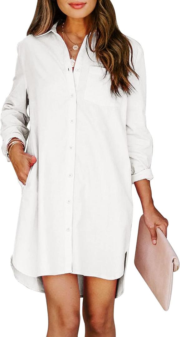 Womens Button Down Shirt Dresses with Pockets Cotton Button Up Tunics Long Sleeve Solid High Low Blouse Tops (X-Large, A_a White)