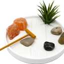 Nature's Mark Mini Zen Garden Kit for Desk with White Sand, Rake, White Base, Salt Rock and Air Plant (Round)