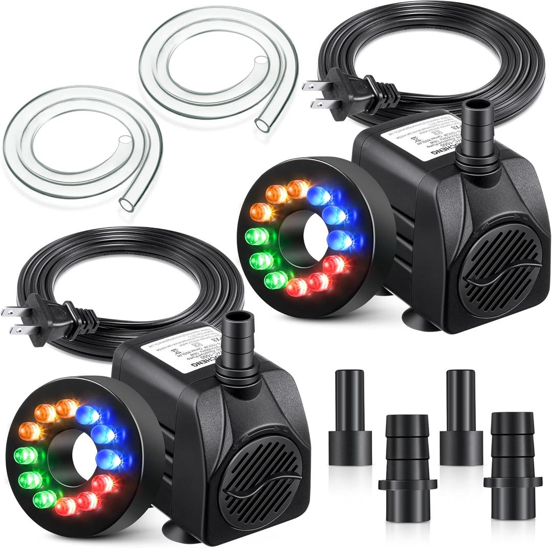 2 Pack 10W 160GPH Submersible Fountain Pump with 12 Color LED Lights, Small Fountain Pump with 4 Spray Nozzles, Ultra Quiet Design for Outdoor Pond, Aquarium, Fish Tank