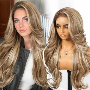Ash Blonde Highlight Synthetic Lace Front Wig,13x4 HD Lace Layered Wave Glueless Wigs for Women Daily Use 26IN