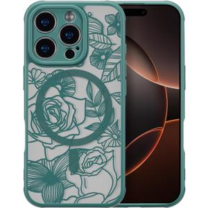 XIZYO Magnetic Case for iPhone 16 Pro Floral Rose Cute Phone Case [Compatible with Magsafe] for Women Girls Aesthetic Pattern Slim TPU Shockproof Bumper Cover, Deep Green
