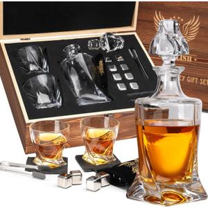 LUXULISH Whiskey Decanter Gift Set with Handcrafted Wooden Box, Twisted Bourbon Decanter, 2 Crystal Glasses, 8 Stainless Steel Ice Cubes, 2 Slate Coasters and Tongs, Whiskey Gifts for Men Dad