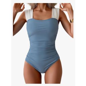 B2prity Womens One Piece Swimsuit Retro Square Neck Tummy Control Bathing Suits Ruched Modest Full Coverage Swimwear, L