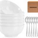 VENVENWEAVS 30 OZ White Thickened Ceramic Bowls Set of 6 Complimentary 6 Spoons, Large Reinforced Ceramic Bowls Perfect for Soup,Salad,Cereal, Ramen And More,Microwave&Dishwasher Safe