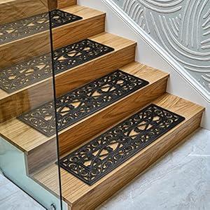 Ottomanson Easy Clean, Waterproof, Low Profile Non-Slip Indoor/ Outdoor Rubber Stair Treads, 10" x 30" (5 Pack), Black/ Bronze