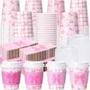 48 Sets Pink Bow Disposable Coffee Cups with Lids and Sleeves, 8oz Coquette Bowknot Drinking Cups for Wedding Bachelorette Baby Shower Birthday Party Supplies