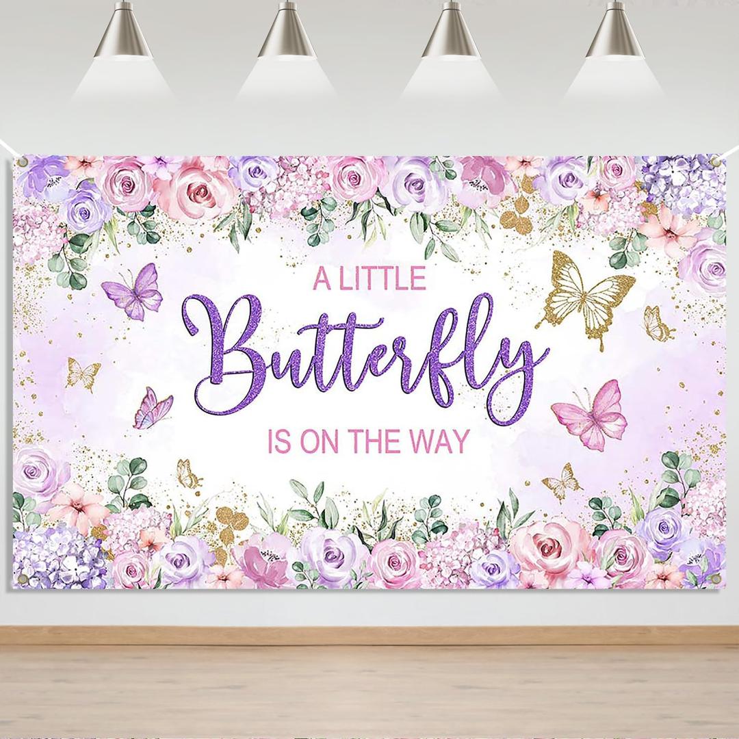 Mocsicka Butterfly Baby Shower Banner Backdrop A Little Butterfly is On Her Way Girl Baby Shower Background Purple Butterfly Baby Shower Decoration 70.8 x 43.3 Inch