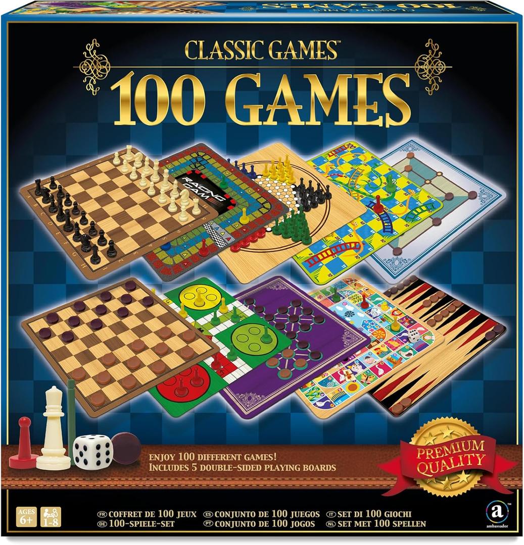 Merchant Ambassador: Classic Games, 100 Games, Enjoy 100 Different Games, Includes 5 Double-Sided Playing Boards, Fun for Children and Adults, For Ages 3 and up