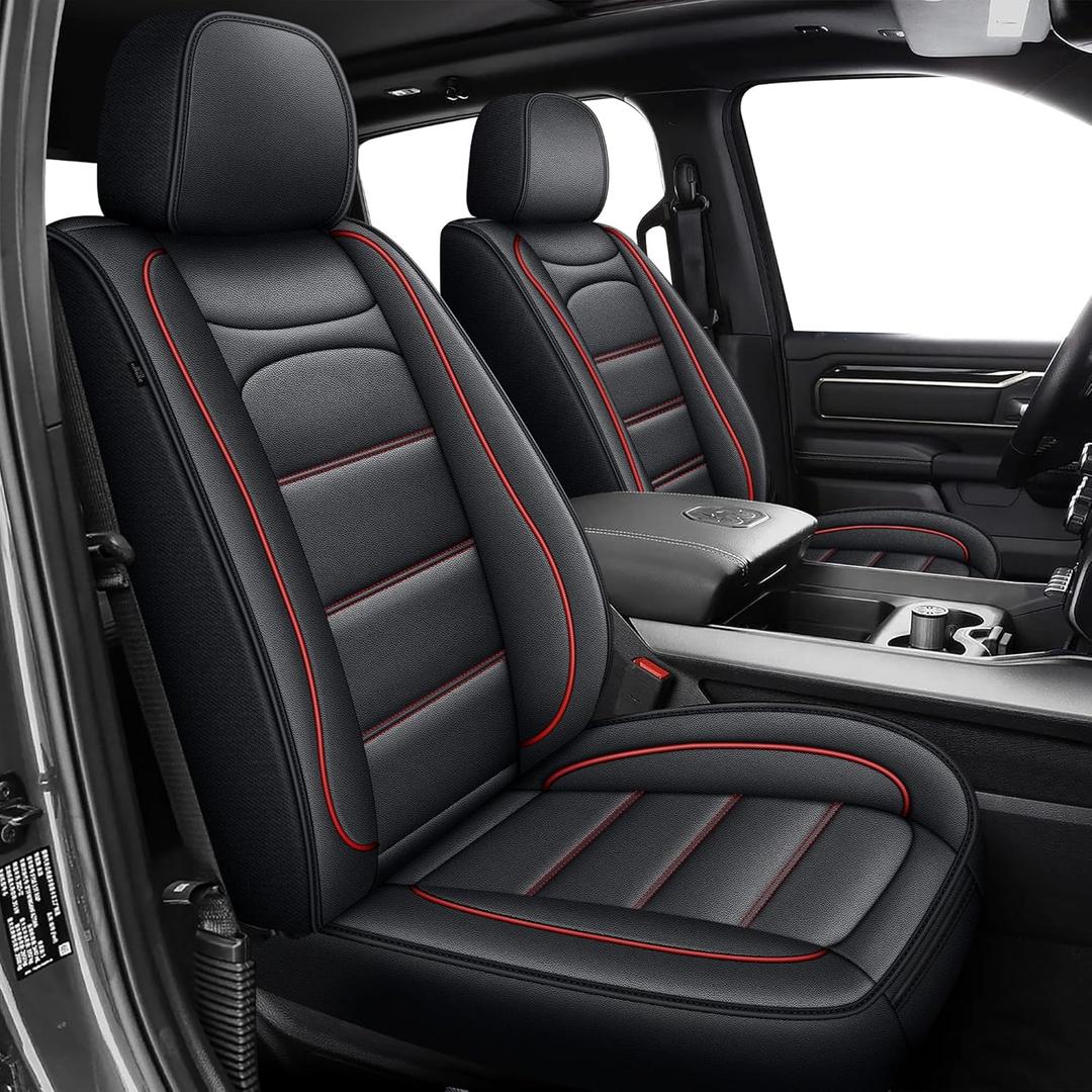 Seat Covers Fit for Dodge RAM 1500 2002-2025 2026: Compatible with RAM 1500 2500 3500 Crew Double Quad Cab Truck Pickup Car Seat Cover Faux Leather Seat Covers(Flat Bench, Full Set, Redline)
