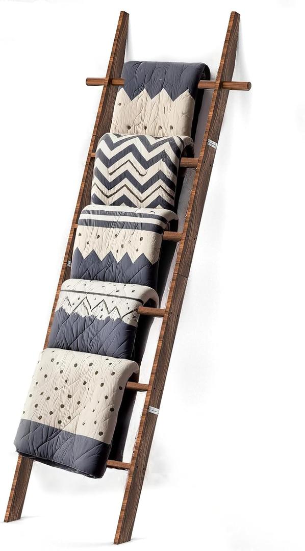 Farmhouse Wooden Blanket Ladder with Removable Hooks, 6-Tier Rustic Blanket Rack Decorative Stand, Leaning Towel Quilt Rack Holder for Bathroom Living Room Decor ,Brown