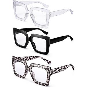 JATEBI 3 Pcs Oversized Blue Light Glasses for Women, Fashion Thick Square Computer TV Eyewear Eyeglasses Non-Prescription