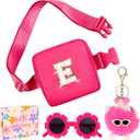 WINOWIMO Personalized Mini Fanny Pack for Kids with Sunglasses & Cute Keychain, Small Initial Belt Crossbody Bag Purse for Teen Girls, Birthday Gifts for 3 4 5 6 7 8 9 10 Years Old Kid (E, Rose Pink)