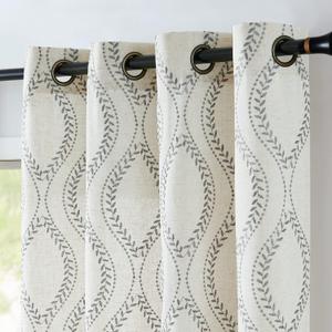 jinchan Boho Linen Blend Curtains Beige Farmhouse Curtains 96 Inches Long Grey Embroidered Leaf Living Room Ogee Geometry Drapes Light Filtering Grommet Country Drapes 2 Panels Gray on Flax