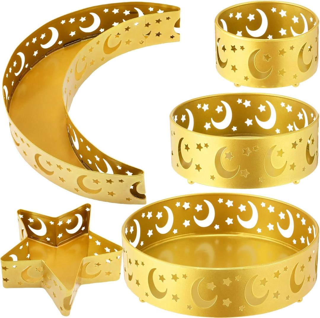 meekoo 5 Pcs Ramadan Serving Trays Eid Mubarak Round Crescent Moon Star Shaped Metal Food Trays Iron Platters for Serving Food Home Islamic Muslim Party Decoration Table (Gold,Star Moon Hollow Style)
