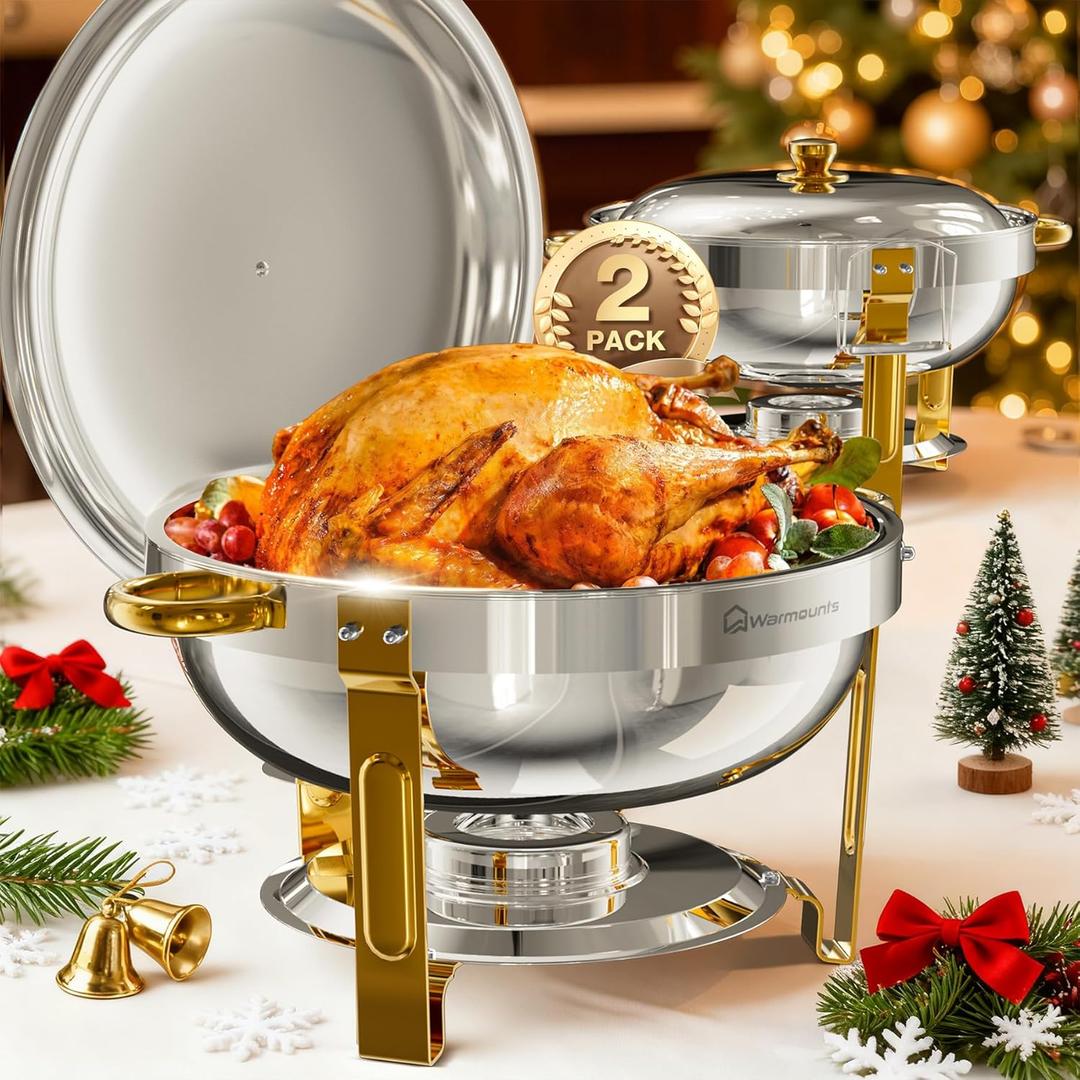 WARMOUNTS Round Chafing Dishes for Buffet 2 Pack, 5QT Food Warmers for Parties Buffet with Lid Holder, Stainless Steel Chafing Dish Sets for Catering, Events, Banquets, Half Gold