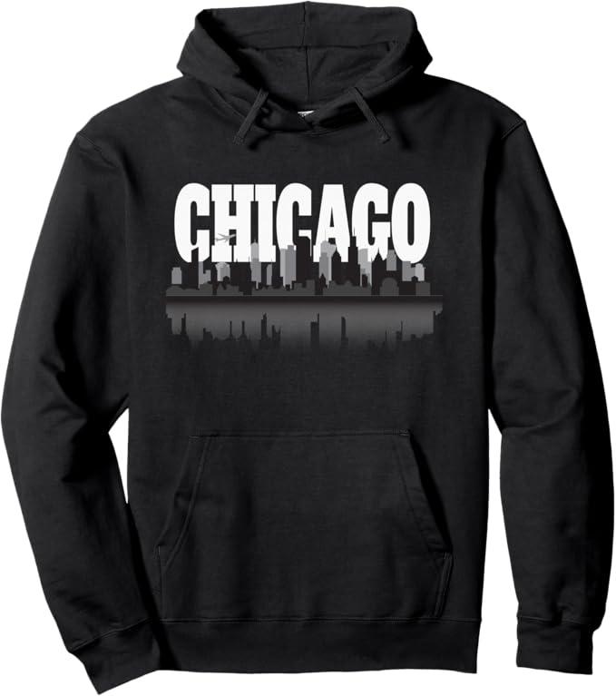 Chicago Windy City Skyline and Reflection Hoodie Pullover Hoodie, Size M