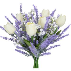 9PCS Artificial Flowers Purple Fake Plastic Lavender with White Tulips Floral Arrangements Spring Flowers for Decoration Home Kitchen Table Centerpiece Wedding