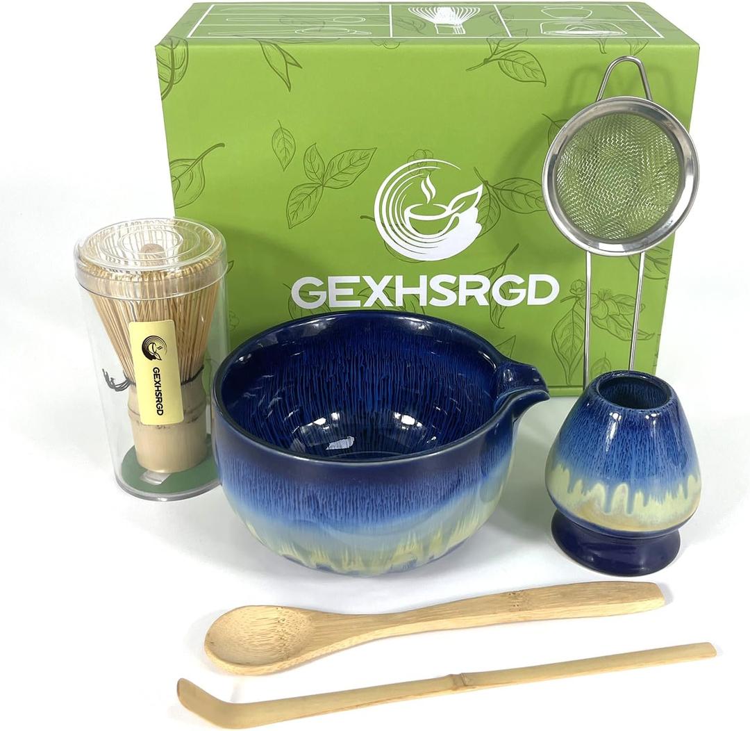 Matcha Whisk Set 6 pc Kit - Traditional Japanese Chasen, Bamboo Whisk Holder, Ceramic Bowl with Spout, Sifter & 2 pc Spoons - matcha kit set, Gift for Matcha Tea Lovers (Gradient Blue)