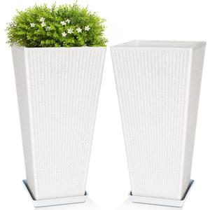 Set of 2 Tall Square Planter, 24 Inch Large Outdoor Planters for Plants, Tapered Plastic Plant Pots with Drainage Holes& Trays, Modern Gardening Flower Pot for Patio Front Porch Decor, White