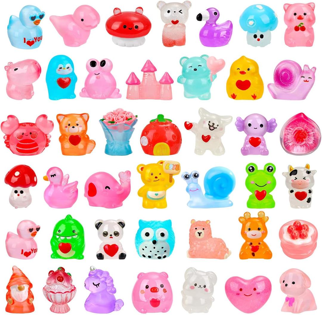 56 Pcs Valentine's Day Luminous Mini Figures 56 Types Valentines Glow in The Dark Miniature Love Heart Resin Animanl Tiny Duck Figurines for Valentines Party Gifts DIY Craft Dollhouse Scene Decor