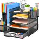 Marbrasse Desk Organizer with File Holder, 5-Tier Paper Letter Tray Organizer with Drawer and 2 Pen Holder, Mesh Desktop Organizer and Storage with Magazine Holder for Office Supplies(Black)