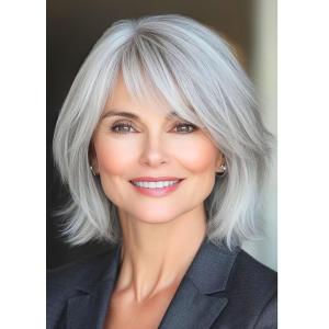 Baruisi Silver Gray Short Hair Wigs for Women Synthetic Straight Natural Looking Cosplay Wig with Bangs