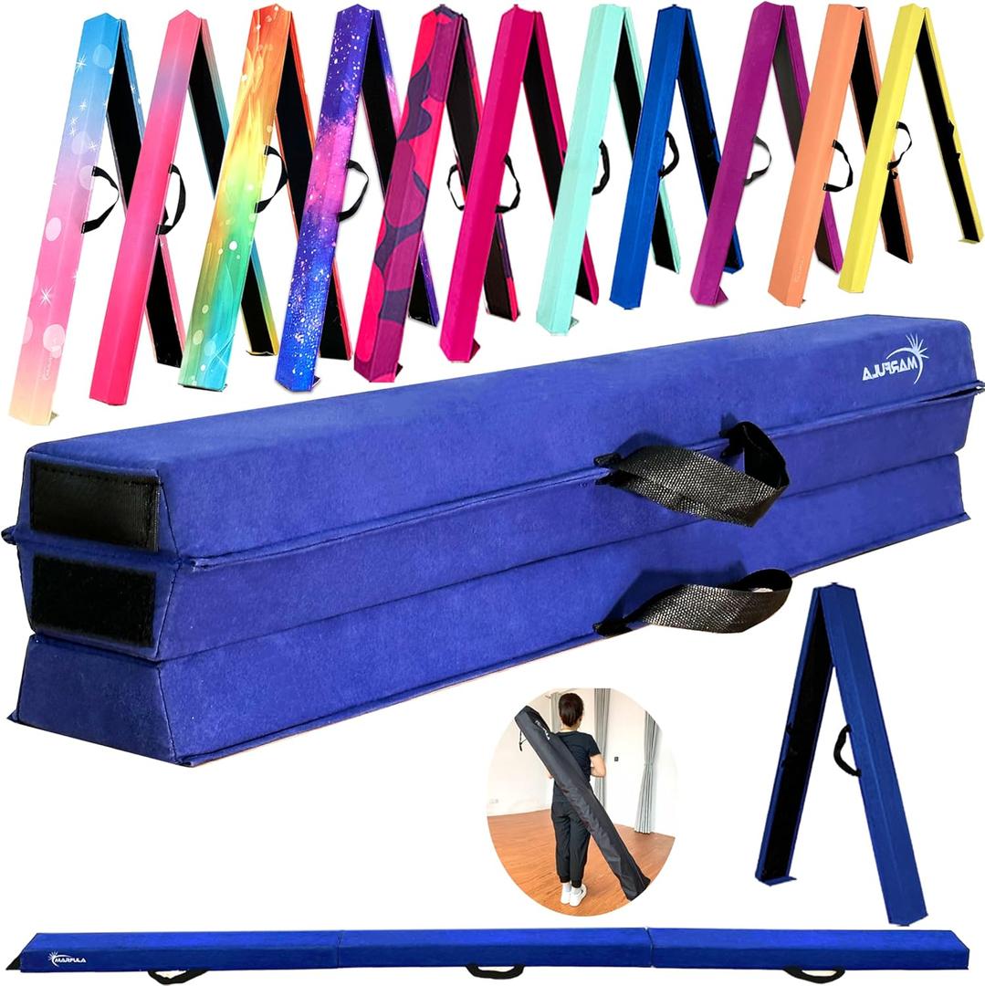 6 FT / 8 FT / 9 FT Folding Gymnastics Beam Foam Balance Floor Beam - Extra Firm - Suede Cover - Anti Slip Bottom with Carry Bag for Kids/Adults Home Use (Blue)