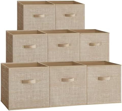SONGMICS Storage Cubes, 13 x 13 x 13 Inches Non-Woven Fabric Bins with Double Handles, Set of 4 Closet Organizers for Shelves, Foldable, for Clothes, Sand Beige UROB833K03