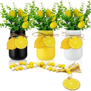 Skylety 3 Pcs Lemon Decorations for Home Lemon Kitchen Decor and Accessories Summer Farmhouse Mason Jar Table Centerpieces with Fake Plants Wooden Lemons Garland Bead Twine for Tiered Tray Home Decor