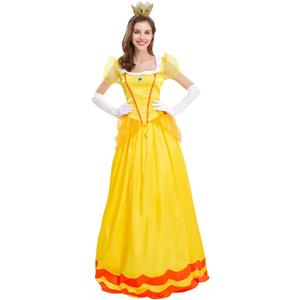 AFAVOM Princess Peach Costume with Crown and Gloves for Adult Women Halloween Birthday Party Dress up Fancy Cosplay Outfit (Small, Yellow)