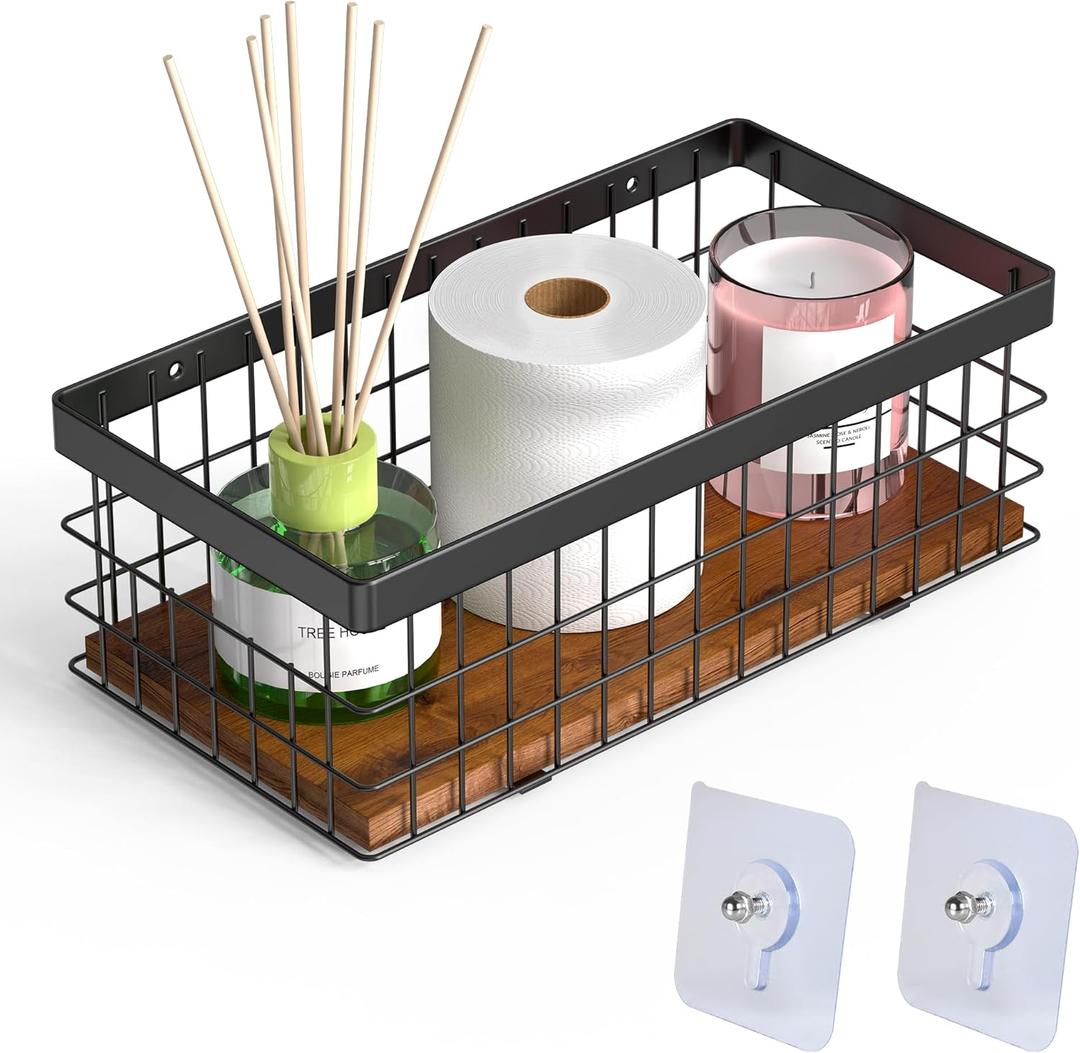 Toilet Paper Basket with Decorative Wood Base, Small Metal Wire Basket for Toilet Paper, Cosmetic & Spices, Wall Mount Storage Basket for Bathroom, Kitchen