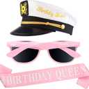 Brosash Birthday Queen Captain's Hat, Sunglasses, Pink Sash Set - Bday Party Photo Prop Accessories | Gift Ideas Celebration Accessory Embroidered Birthday Costume Hats Womens Photoshoot Gifts