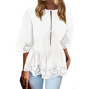 PRETTYGARDEN Tie Front Peplum Tops for Women Summer Y2K Short Sleeve Babydoll Cute Going Out Top Eyelet Blouse Shirt (XX-Large, White)