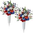 Thiccywoov 2 Sets Memorial Day Flowers for Cemetery with Vase Patriotic Artificial Red White Blue Daisy Graveyard Flowers for Memorial Day Cemetery Headstones Decoration