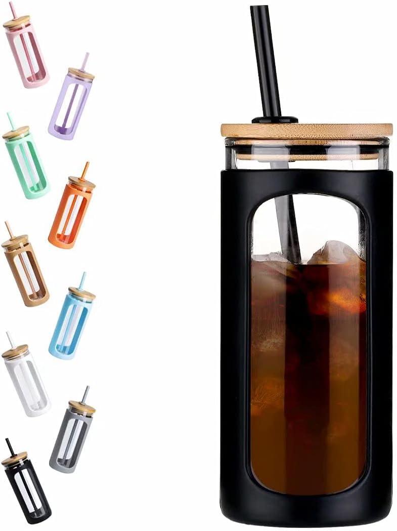 Kodrine 20oz Glass Water Tumbler with Straw and Lid, Bamboo Lids Water Bottle, Iced Coffee Cup Reusable, Wide Mouth Smoothie Cups with Protective Silicone Sleeve BPA FREE