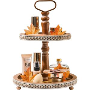 Handmade Two Tiered Tray Stand, Small Beaded Tiered Seasonal Tray Decor, Warm Brown Wooden Kitchen Serving Tray for Coffee Food Fruits Cupcakes, Home Decor Holiday Display