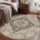 Tangsoo Vintage Round Rug 5ft, Washable Circle Rugs, Farmhouse Non Slip Round Area Rug, Low Pile Circular Rugs, Boho Round Carpet for Bedroom, Living Room, Nursery, Dorm, Office, Grey/Multi
