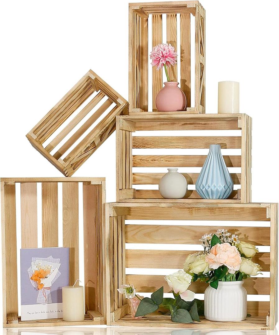 Wooden Crates for Display 5 Pack Wood Storage Crate for Home Rustic Nested Crates with Handles, Farmhouse Wooden Basket for Storage Container and Decorations