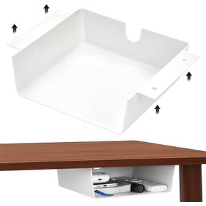 2 Pack Under Desk Hanging Shelf Drawer Organizer, Attachable Plastic Hidden Storage Tray, Easy Adhesive Mount Holder for Standing Tables, Office, Counters, Cabinets, Workstations - White