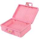 Wicker Picnic Basket with Handle, Vintage Rattan Suitcase Basket, Rustic Storage Box with Leather Strap Lock, Makeup Organizer, Prop Case for Camping Travel, 13.8 x 9.8 x 5.1 Inches (Pink)