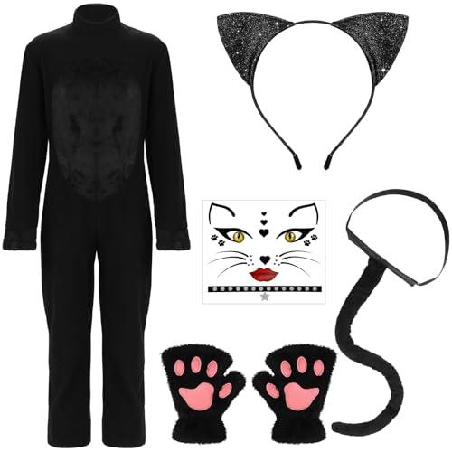 Ramede Halloween Black Cat Costume for 6-16 Years Girls Black Cat Costume with Gloves Headband Tail Stickers for Kids(Size 110)