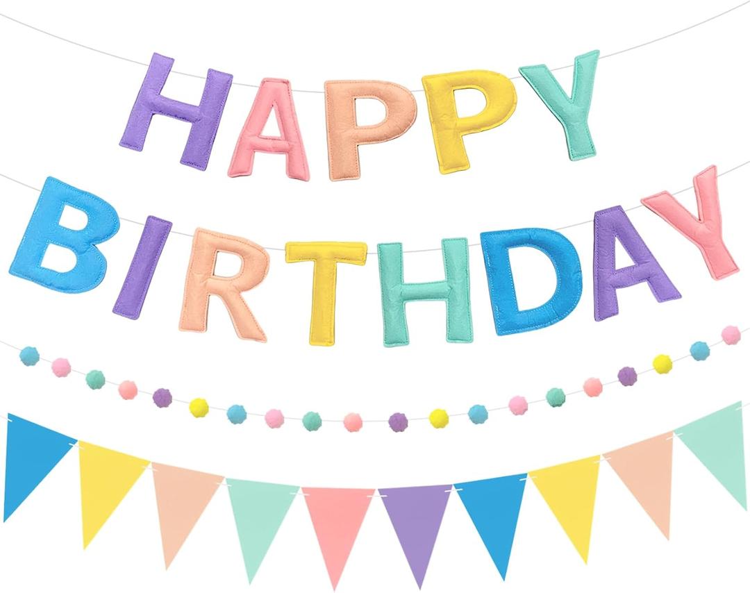 Pre-Strung Reusable Happy Birthday Banner Felt Ball Garland & Multicolor Bunting String Triangle Flags Bulk,Happy Birthday Sign for Party Backdrop DecorPhoto Booth Props (Macarons)