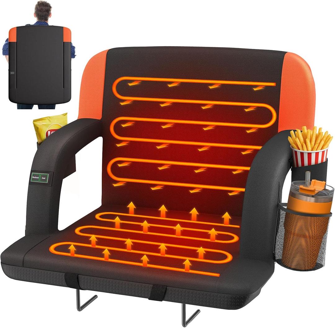 HOPERAN Dual-Sided Heated Stadium Seats for Bleachers with Back Support, 3 Levels Heating Bleacher Seats with Backs and Cushion Wide, 5 Pockets Portable Stadium Chair for Outdoor Sports (Orange), 21" Regular