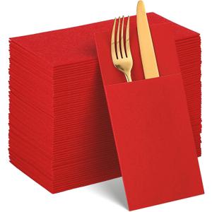 60 Pcs Red Linen-Feel Paper Napkins with Built-in Flatware Pocket, Mother's Day Pocket Linen Napkin Prefolded Cloth Like Paper Napkin Bulk for Anniversay Silverware Birthday Bathroom Wedding Party