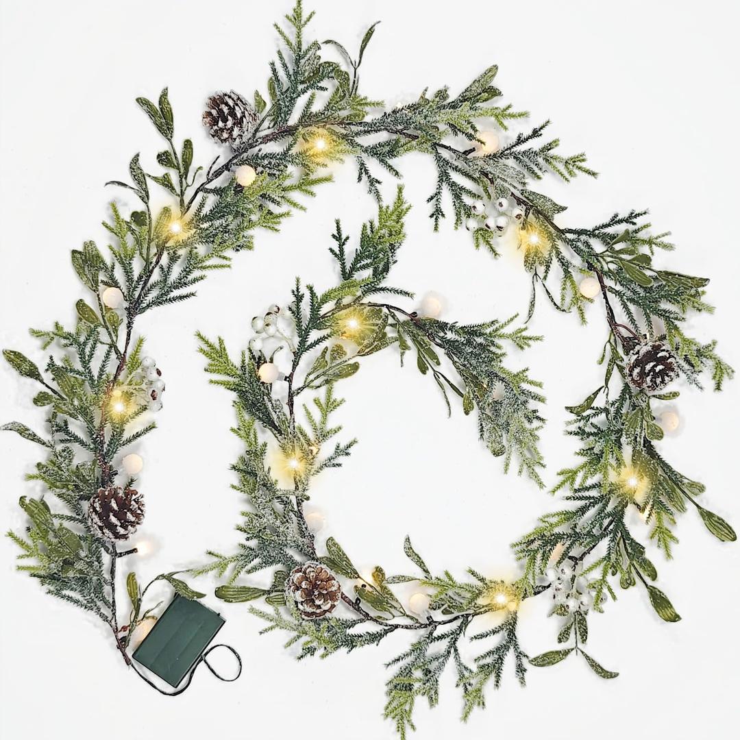6FT Snowy Garland Christmas, Pre-lit Garland with 20 LED Lights, Pine Cones, White Berry&Ball, Battery Operated with Timer, Indoor Christmas Decoration for Holiday New Year