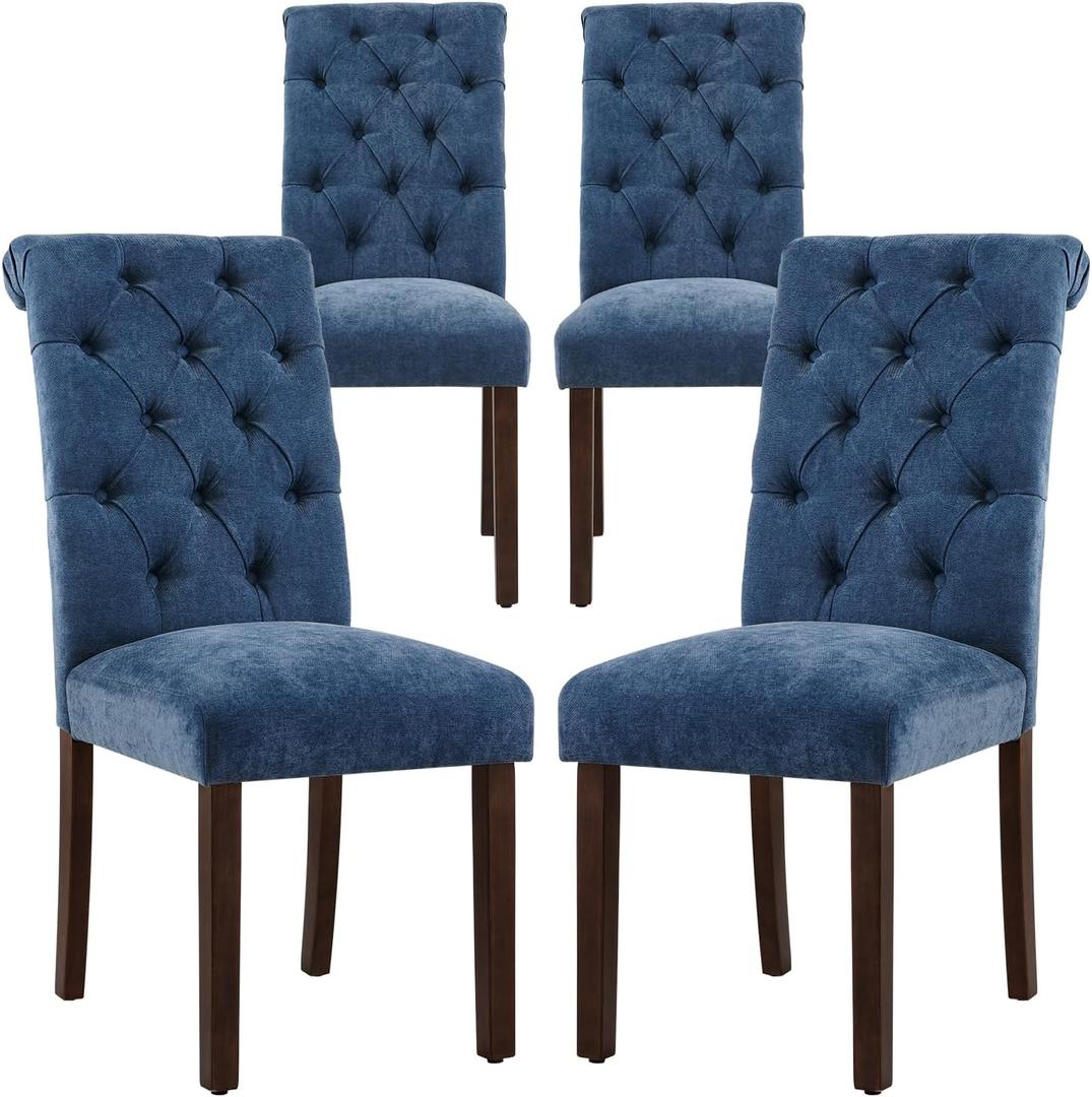 COLAMY Button Tufted Dining Chairs Set of 4, Parsons Upholstered Fabric Dining Room Chairs Kitchen Chairs with Wood Legs and Padded Seat, Blue
