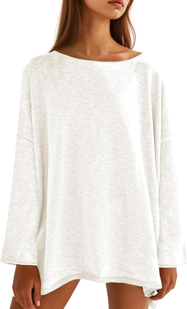 Tankaneo Womens Long Sleeve Shirts Oversized Lightweight Sweaters Crewneck Side Slit Hem Casual Blouse Tunic Tops (Medium, White)