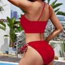 Women's One Shoulder Cutout Bikini Set 2 Piece Swimsuit Cheeky Bikini Beads Bathing Suit (Red, L)