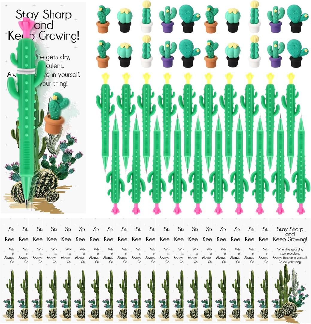Sinload 40 Sets Graduation Appreciation Gifts Cactus Mechanical Pencils Erasers and Positive Cards Emotional Inspirational Pen Graduation Gifts for Office Employee Coworkers Teacher Nurse